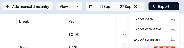 The Export menu offering Export detail, Export with leave and Export summary, next to a 21 Sep to 27 Sep date range