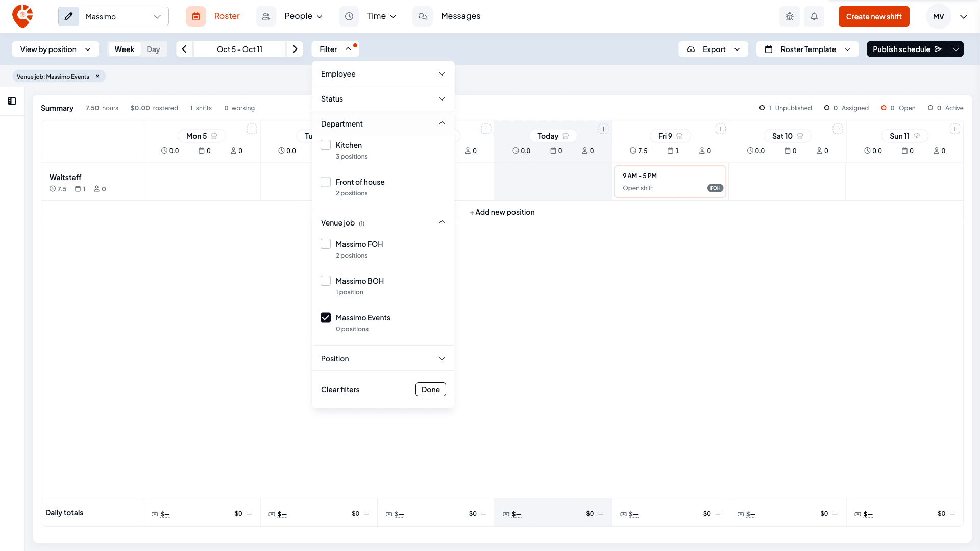 The roster filter panel with Department and Venue job sections open, Massimo Events ticked under Venue job, a Venue job: Massimo Events chip above the grid, and only the Waitstaff shift carrying that tag left on the roster