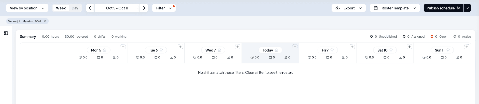 The roster with a Venue job: Massimo FOH filter chip and the message "No shifts match these filters. Clear a filter to see the roster." in place of the grid