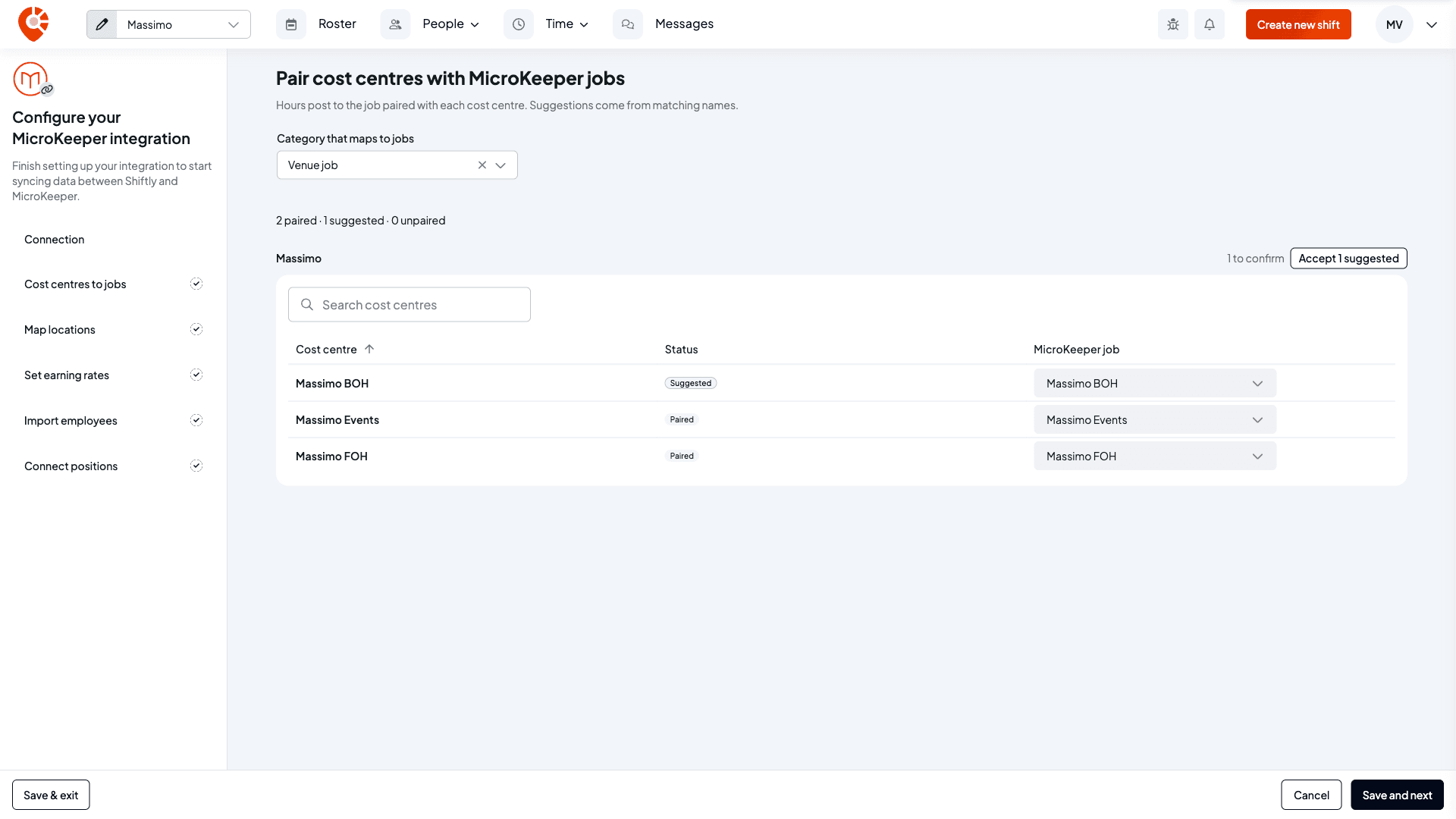 Pair tags with MicroKeeper jobs, with Venue job chosen as the category, "2 paired · 1 suggested · 0 unpaired", and the Massimo section listing Massimo BOH (Suggested), Massimo Events and Massimo FOH (Paired) with an Accept 1 suggested button