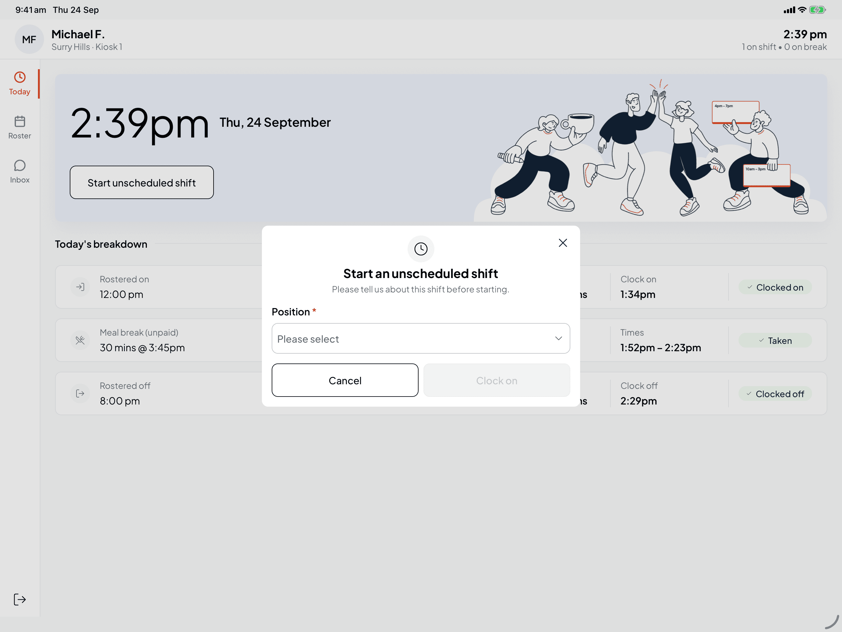 The Start an unscheduled shift window with a required Position list, Cancel and Clock on