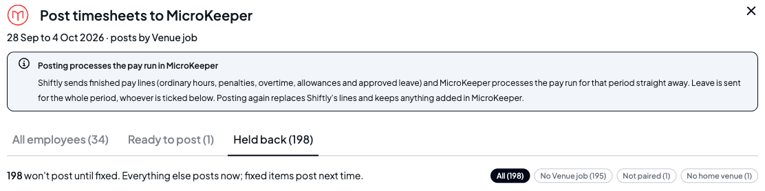 The Post timesheets to MicroKeeper preview for 28 Sep to 4 Oct 2026, "posts by Venue job", on the Held back tab with filter chips for All, No Venue job, Not paired and No home venue