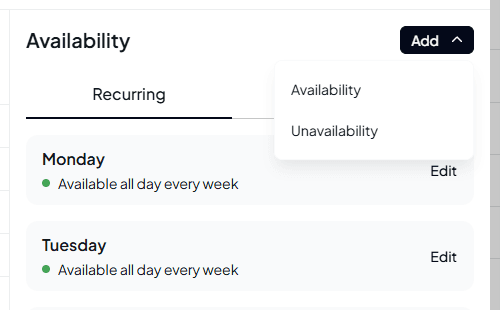 The Add menu open under the Add button, with Availability and Unavailability